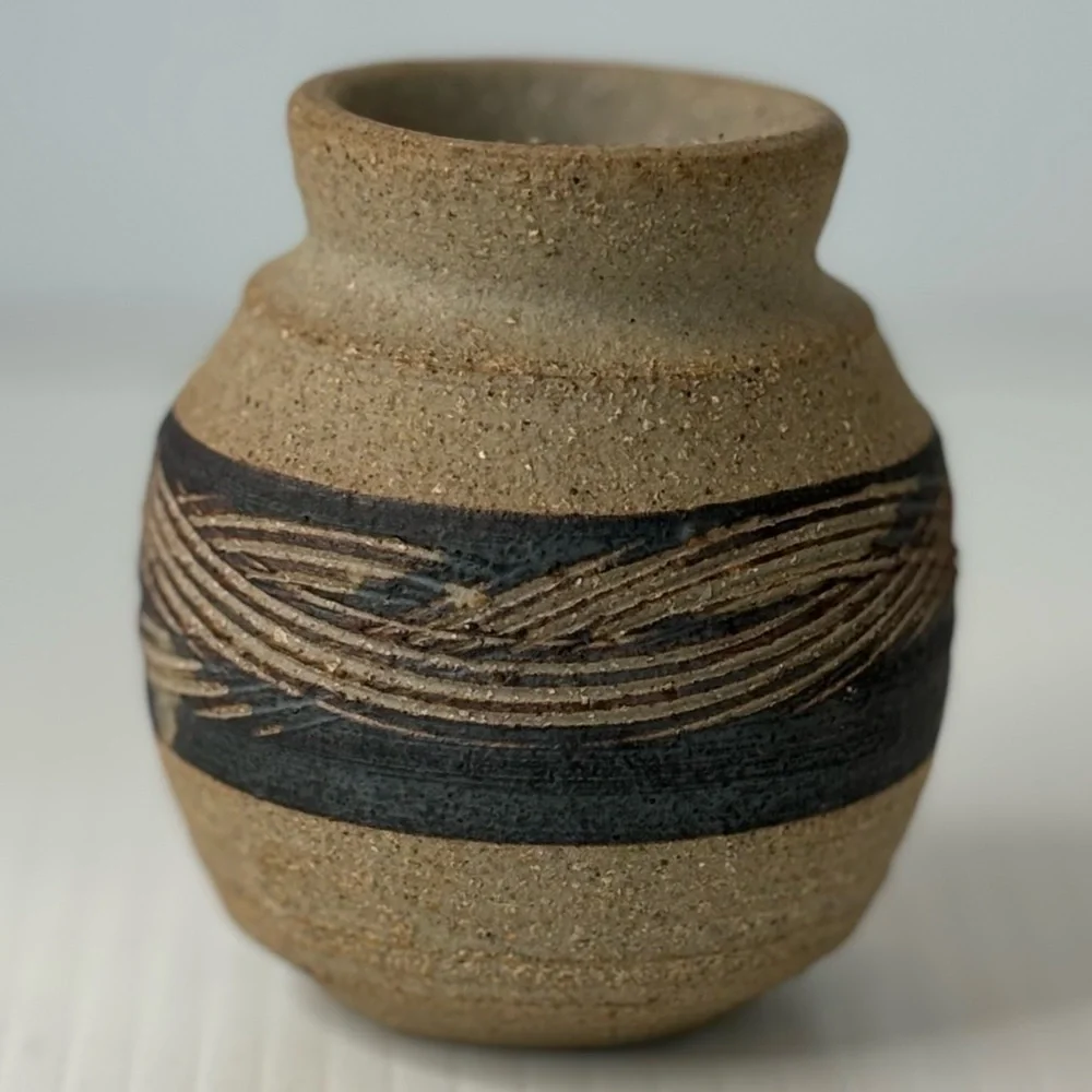 Handmade Studio Art Pottery Vase Vessel Sand Texture Etched Design Artist Signed